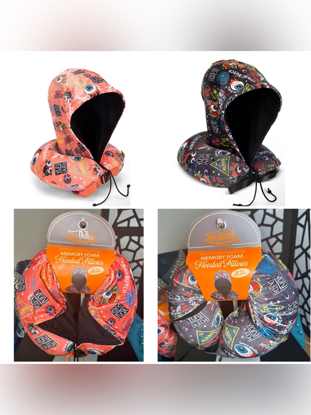 Von Dutch Jax Hooded Memory Foam 11" Travel Neck Pillow Black OR Pink NWT